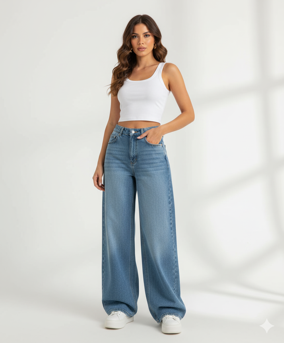 Wide-leg blue jeans
